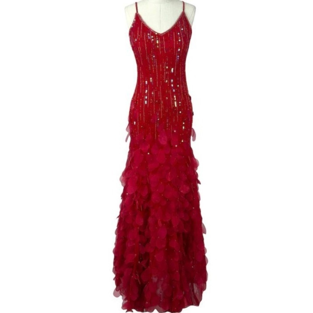 RARE Sue Wong Nocturne Red Gown 6 Red Beaded Petal Silk Dress Y2k 2000s Maxi - Picture 5 of 10